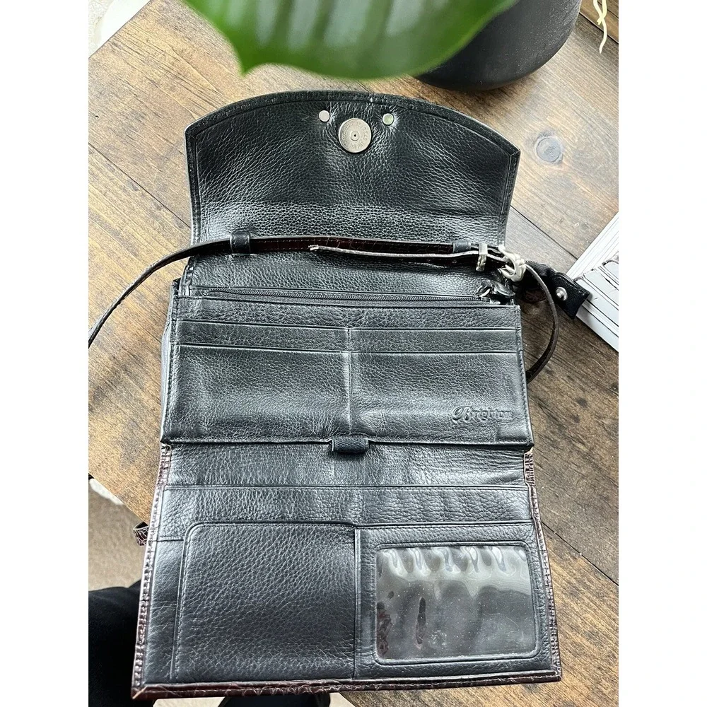 Brighton Vintage Crossbody Organizer Leather/Croc Embossed Clutch Brown Small